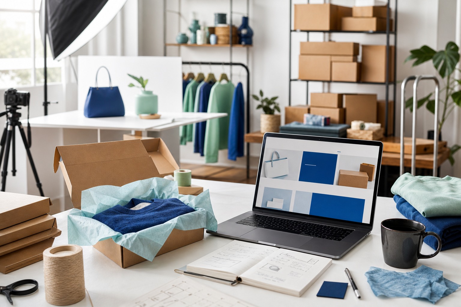 Modern ecommerce studio with product photography, packing materials, and an abstract online store